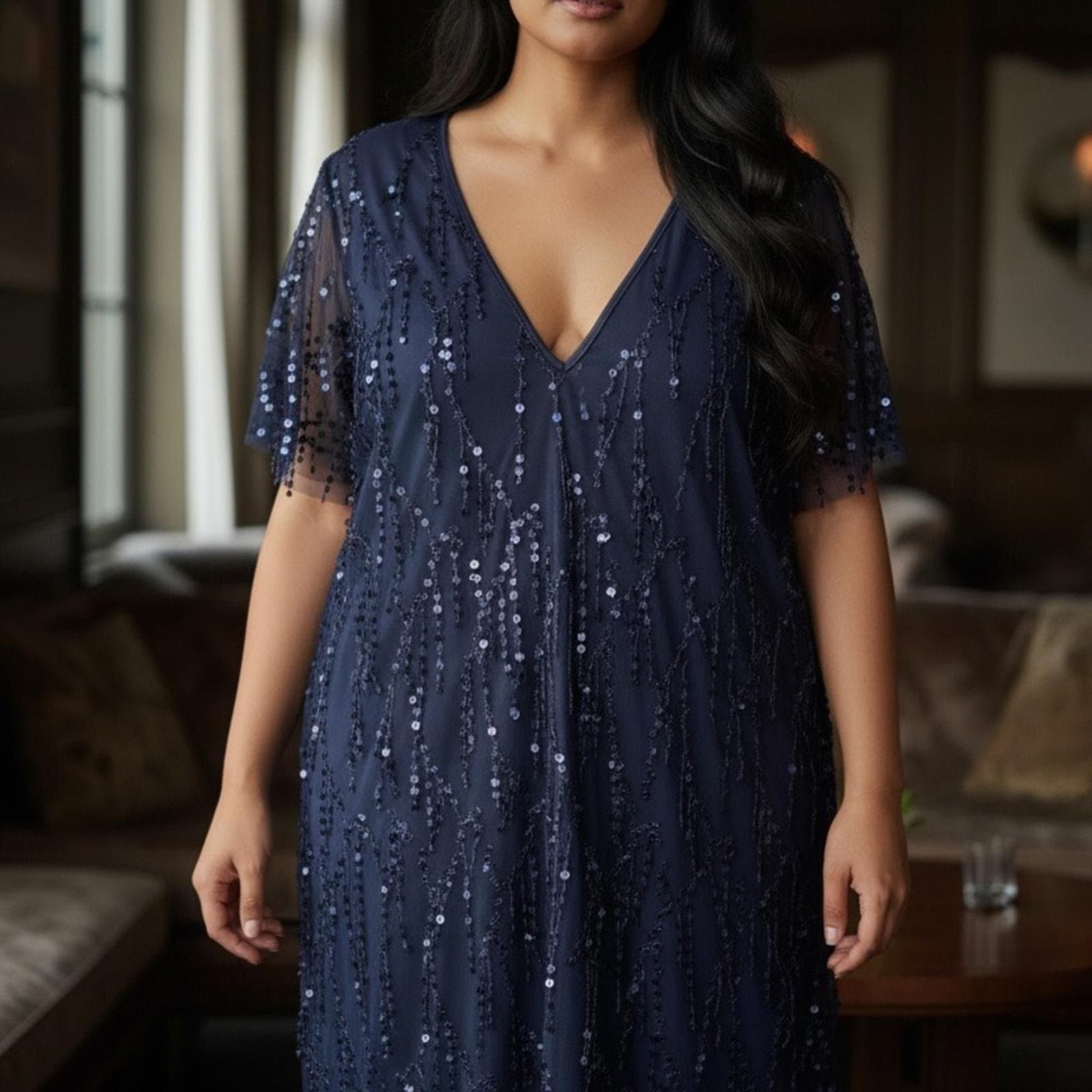 Navy Sequin Mini Dress - Image 1