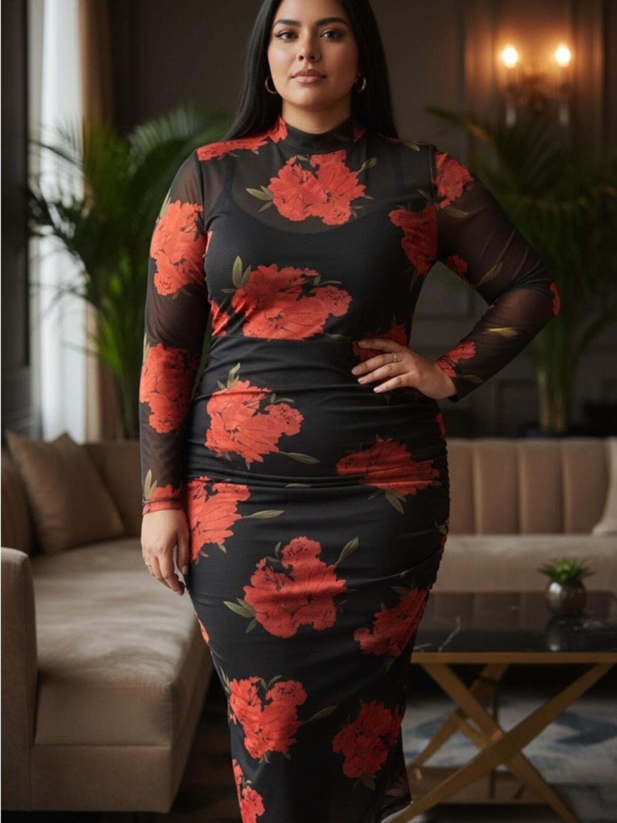 Black Long-Sleeve Mesh Midi Dress with Red Floral Print - Image 1