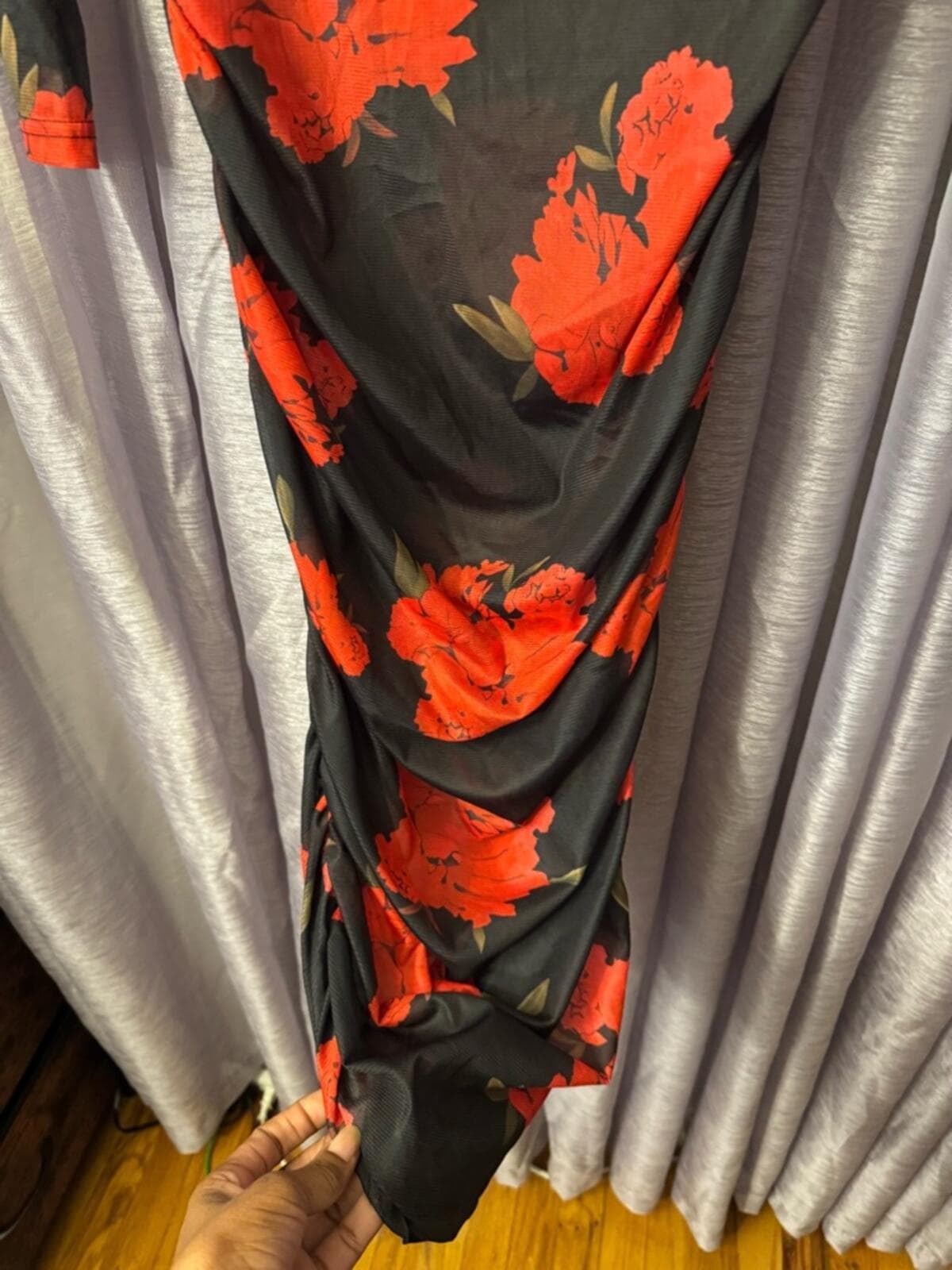 Black Long-Sleeve Mesh Midi Dress with Red Floral Print - Thumbnail 4