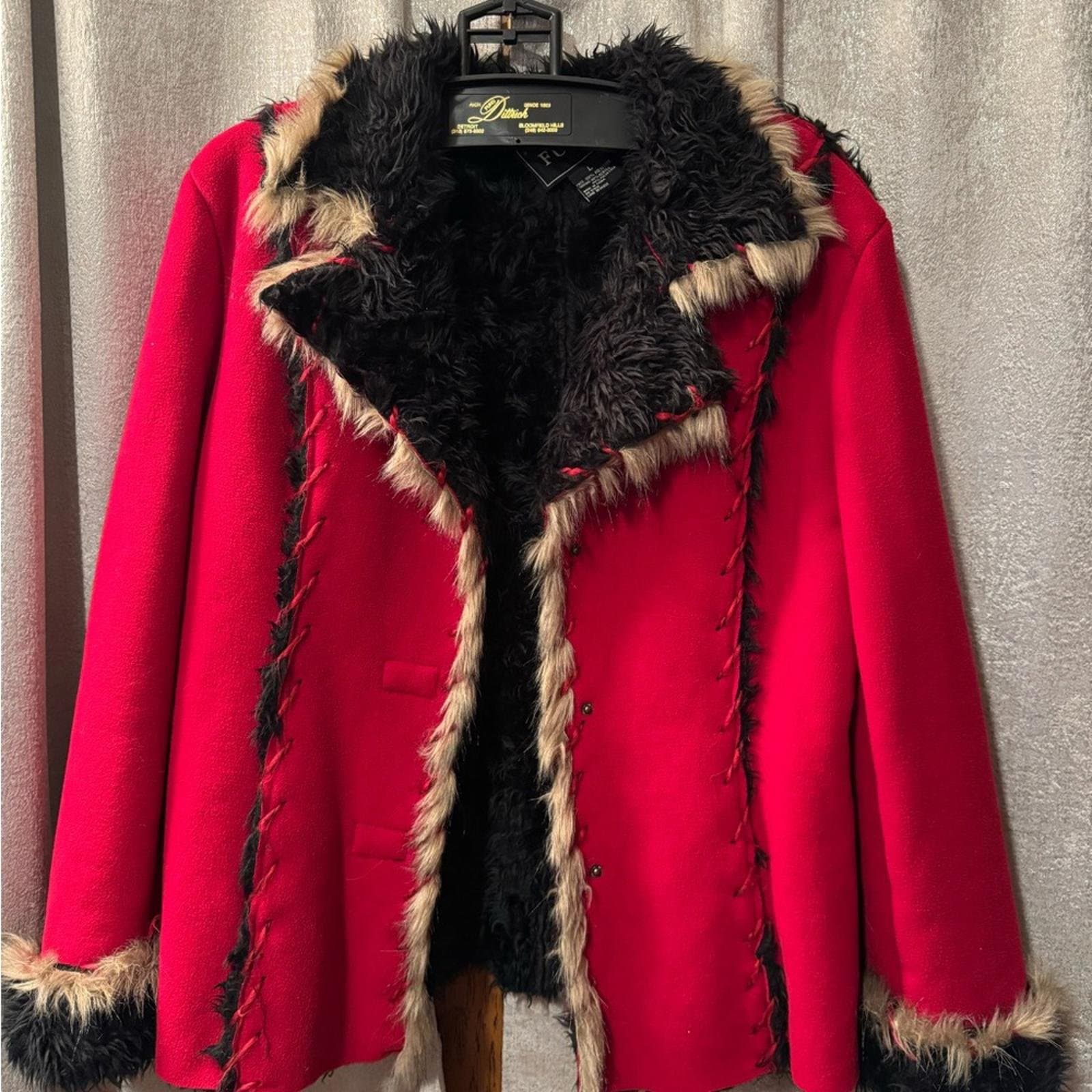 Red Faux-Fur Trim Pea Coat - Women's Stylish Outerwear - Thumbnail 2