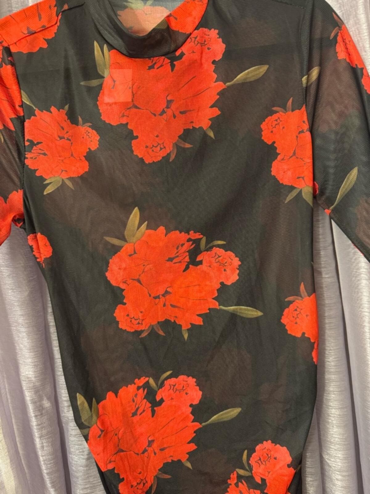 Black Long-Sleeve Mesh Midi Dress with Red Floral Print - Thumbnail 3