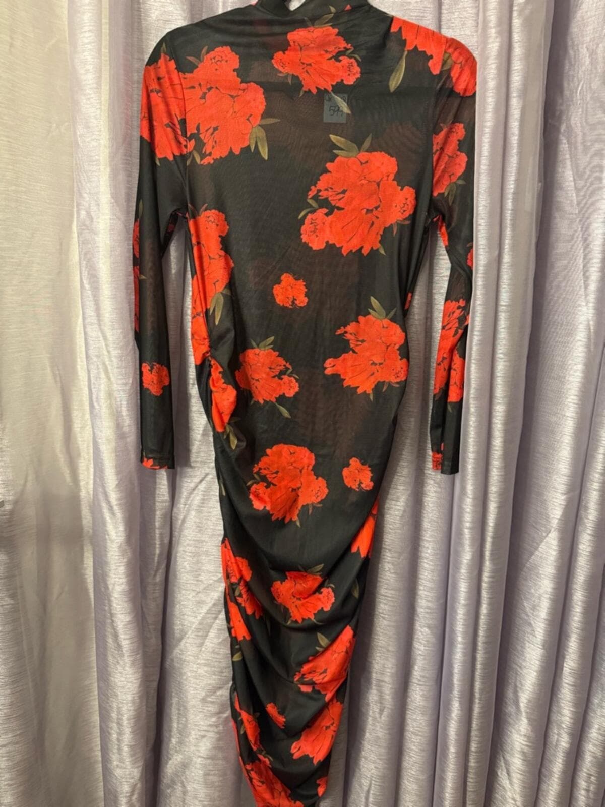 Black Long-Sleeve Mesh Midi Dress with Red Floral Print - Thumbnail 5