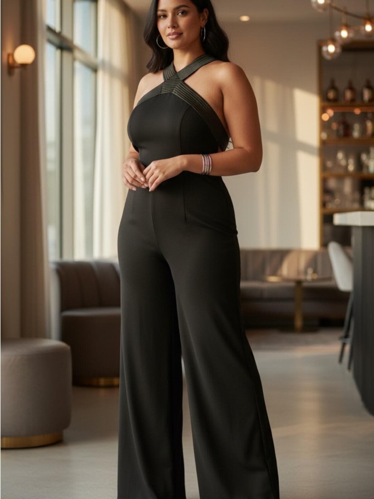 Adrianna Papell Black Crossover Halter Wide-Leg Jumpsuit - Image 1
