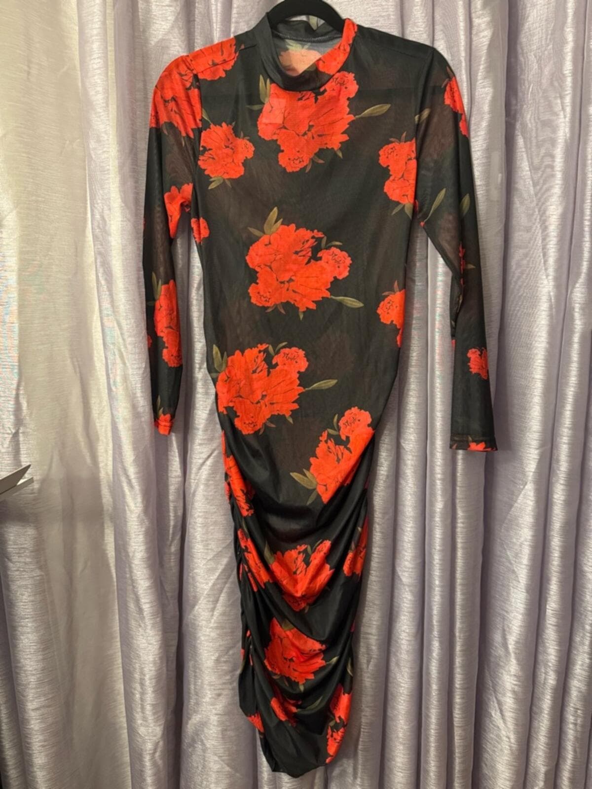 Black Long-Sleeve Mesh Midi Dress with Red Floral Print - Thumbnail 2