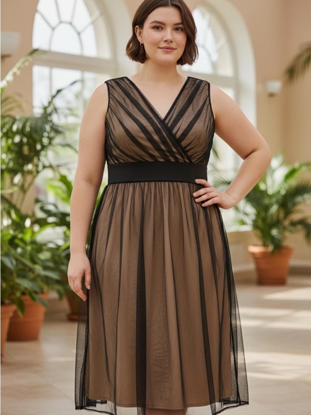 Newport News Black Mesh Overlay Taupe Midi Dress - Image 1