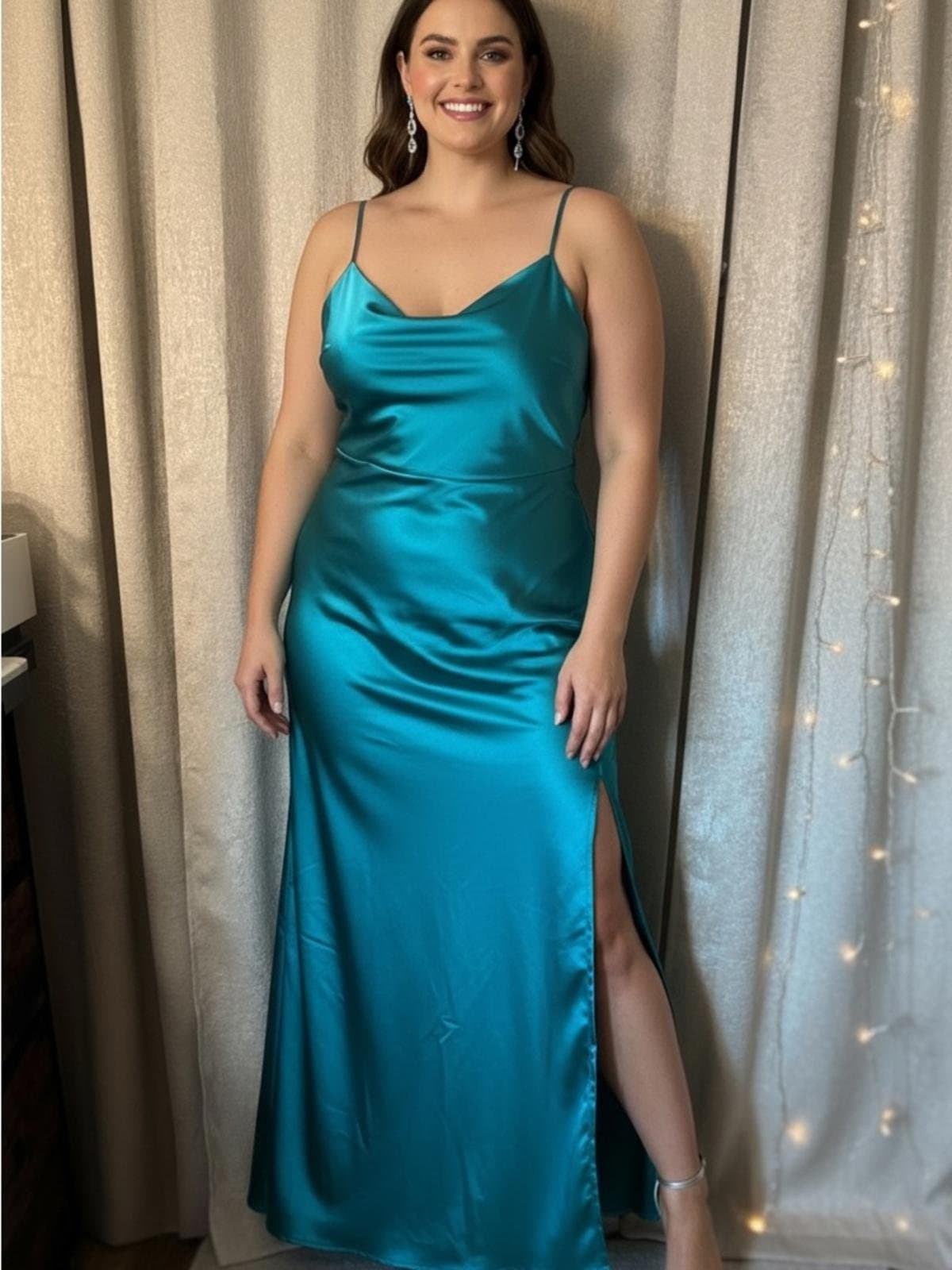 Lulu's Teal Satin Cowl Neck Slip Maxi Dress with Side Slit - Image 1