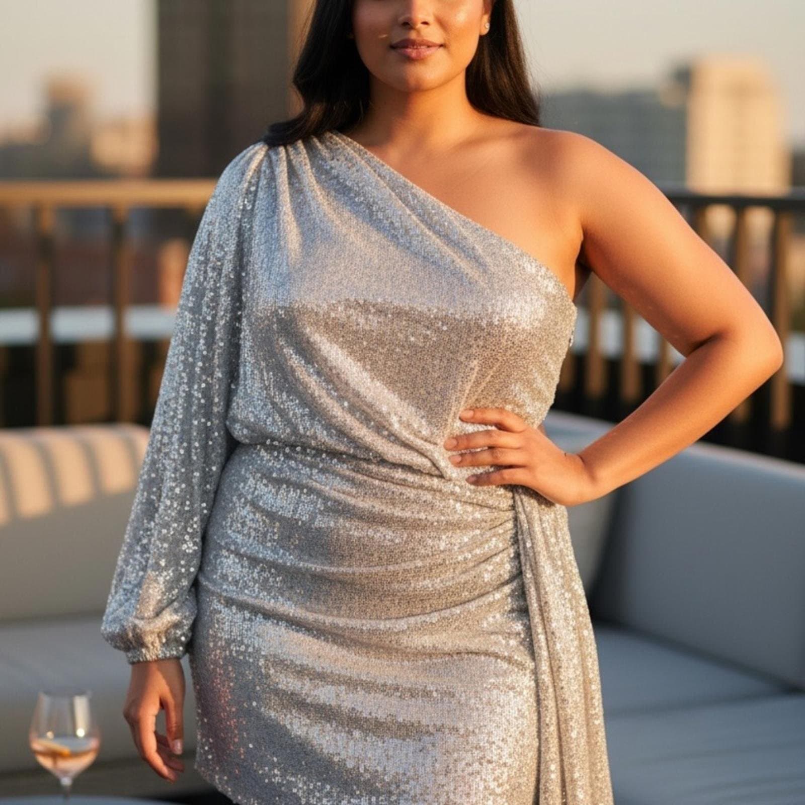 PrettyLittleThing Shimmering Silver One-Shoulder Dress - Image 1