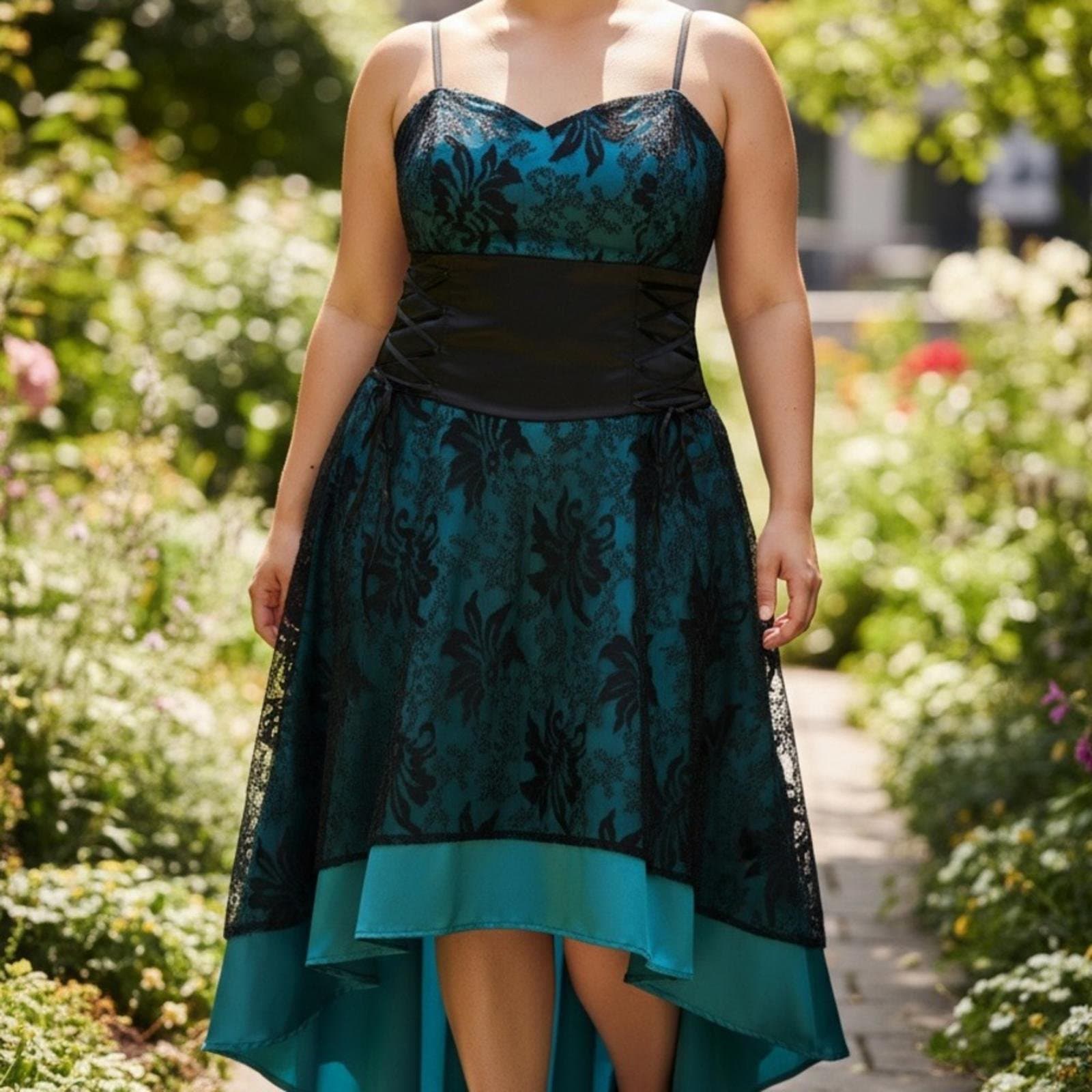 Chic Black and Teal Lace High Low Dress - Image 1