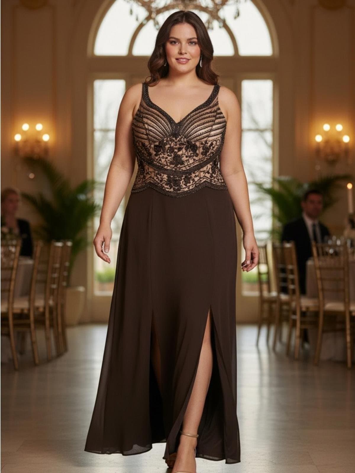 Montage by Mon Cheri Beaded Dark Brown Evening Gown - Image 1