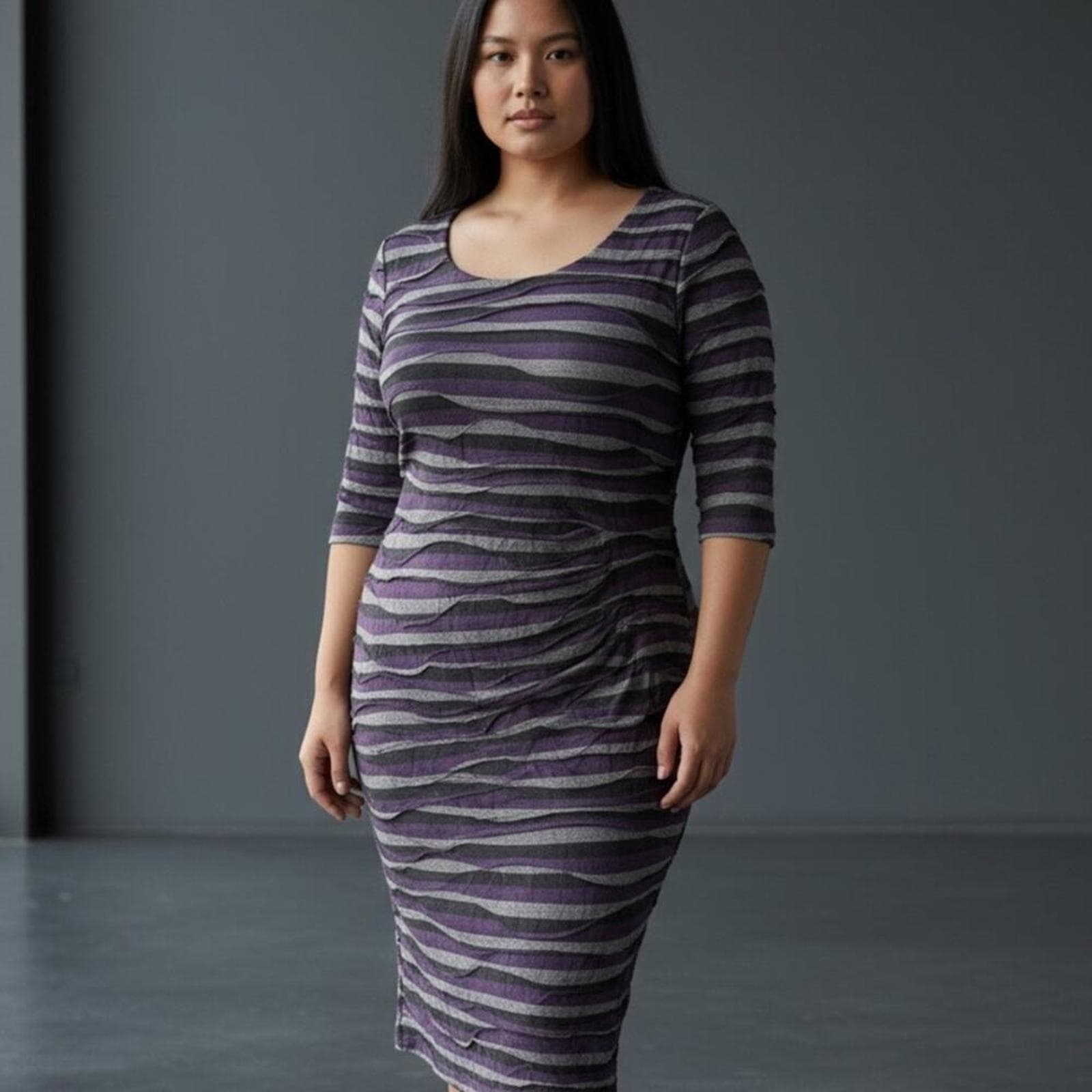 Connected Apparel Purple and Gray Striped Midi Dress - Image 1