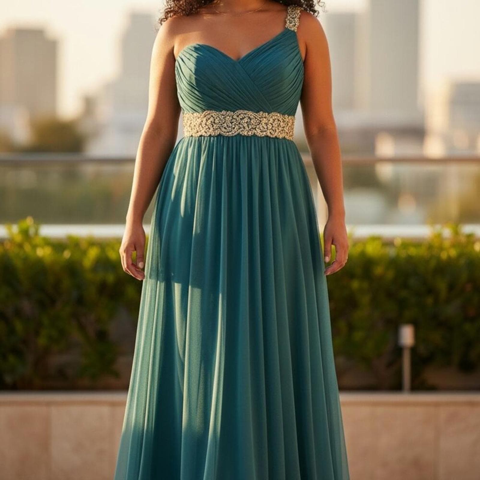 La Femme Teal Maxi Dress with Gold Detailing - Image 1
