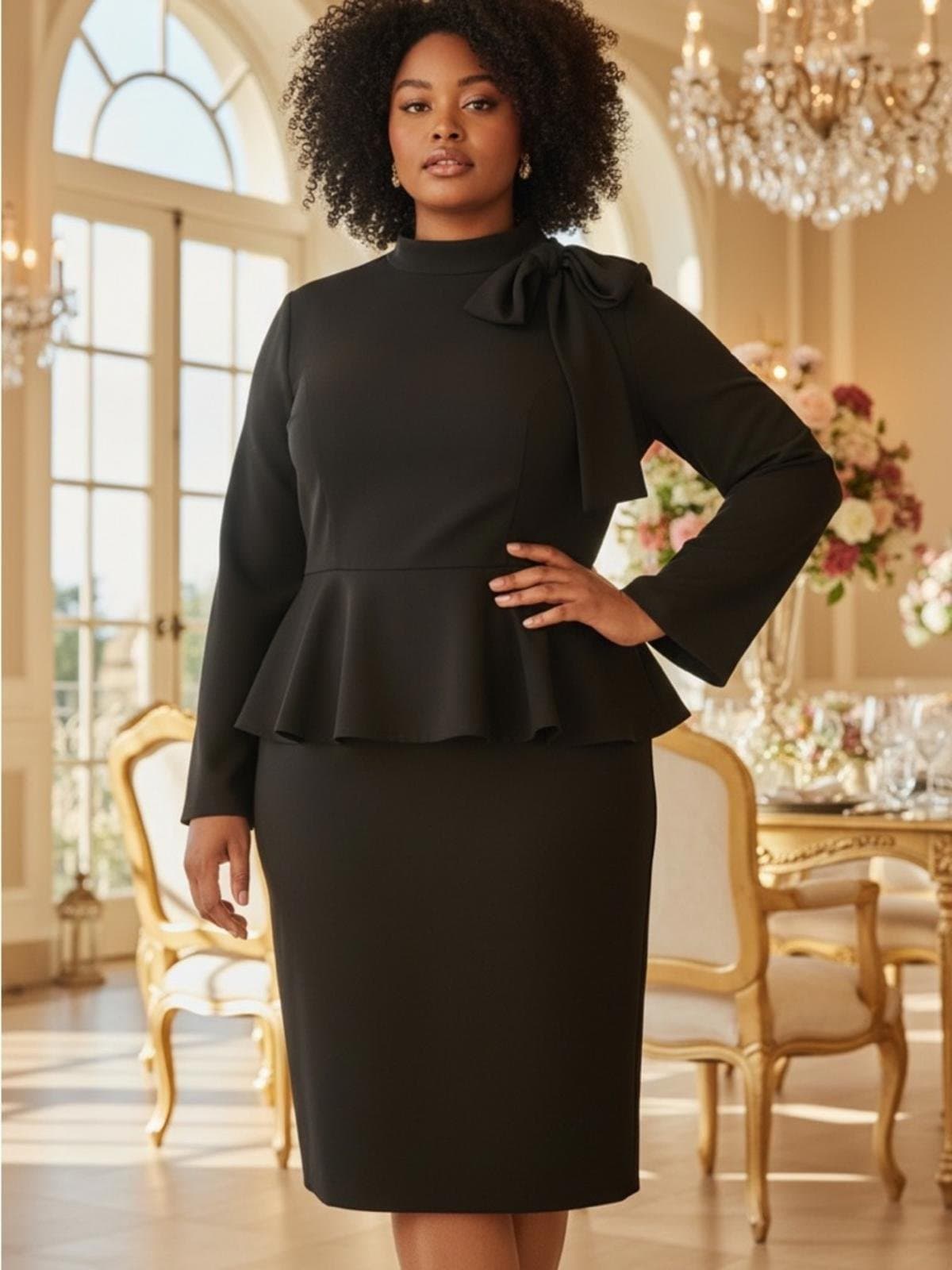 Ashley Stewart Black Peplum Midi Dress with Bow Neck - Image 1