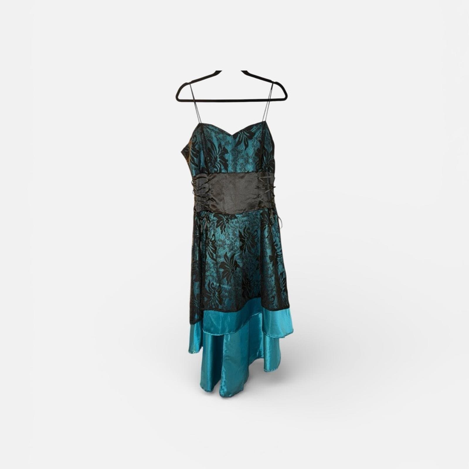 Chic Black and Teal Lace High Low Dress - Thumbnail 2