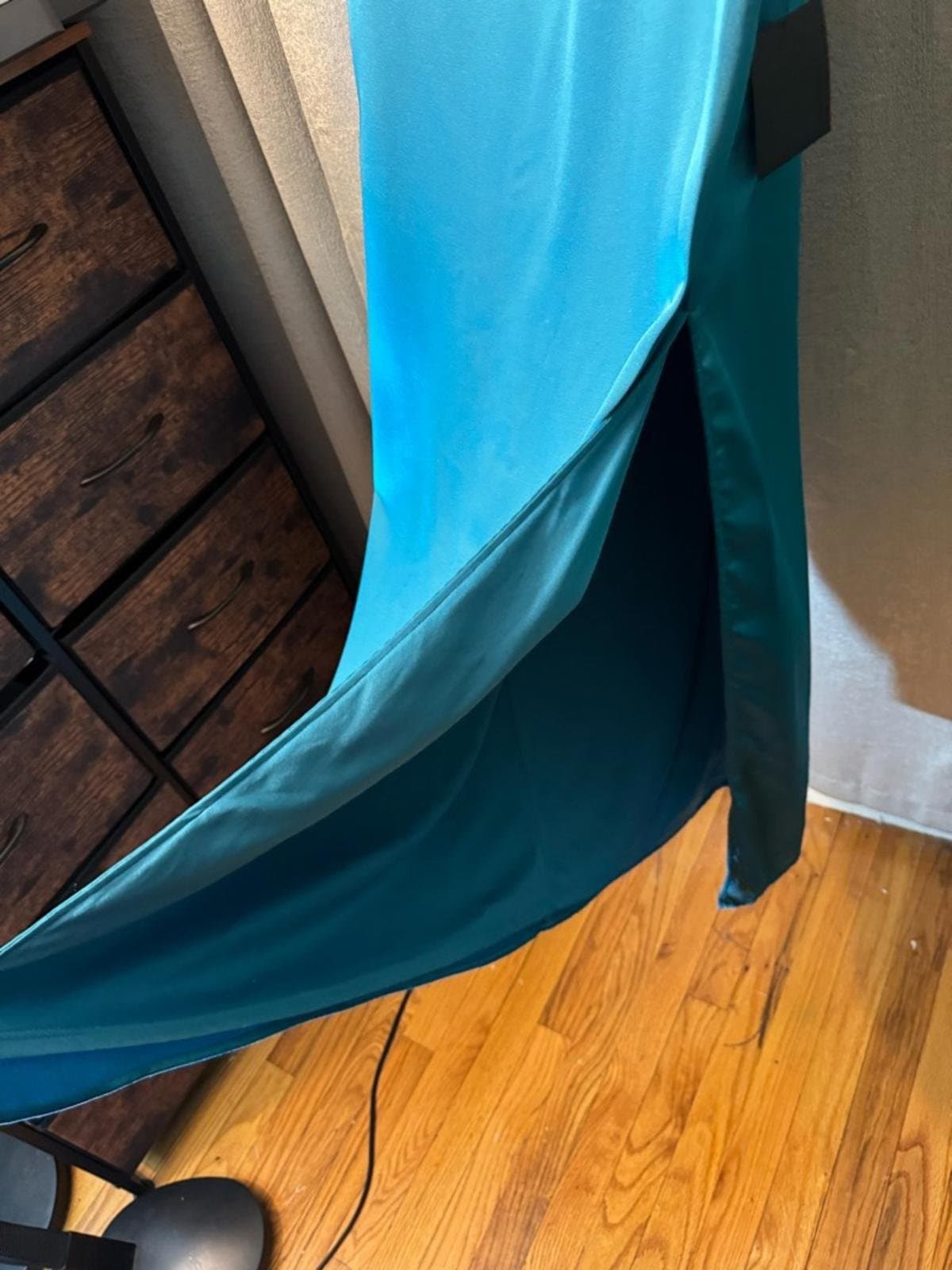 Lulu's Teal Satin Cowl Neck Slip Maxi Dress with Side Slit - Thumbnail 3