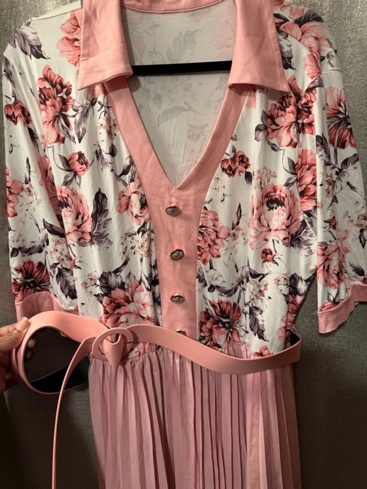 SHEIN Pink Floral Pleated Maxi Dress - Thumbnail 3