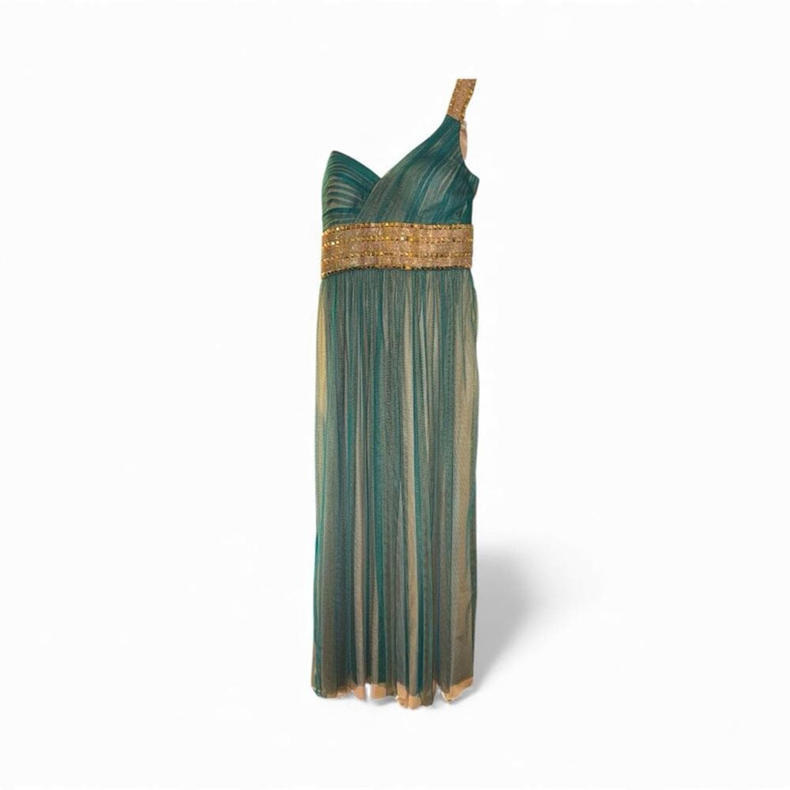 La Femme Teal Maxi Dress with Gold Detailing - Thumbnail 2
