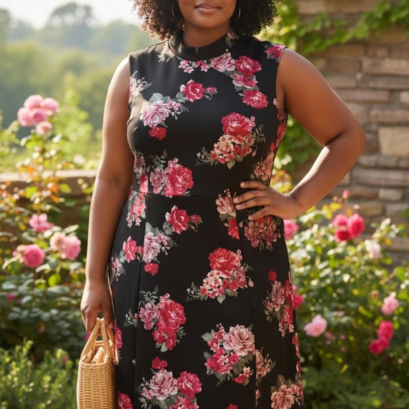 Ashley Stewart Black and Pink Floral Midi Dress - Image 1