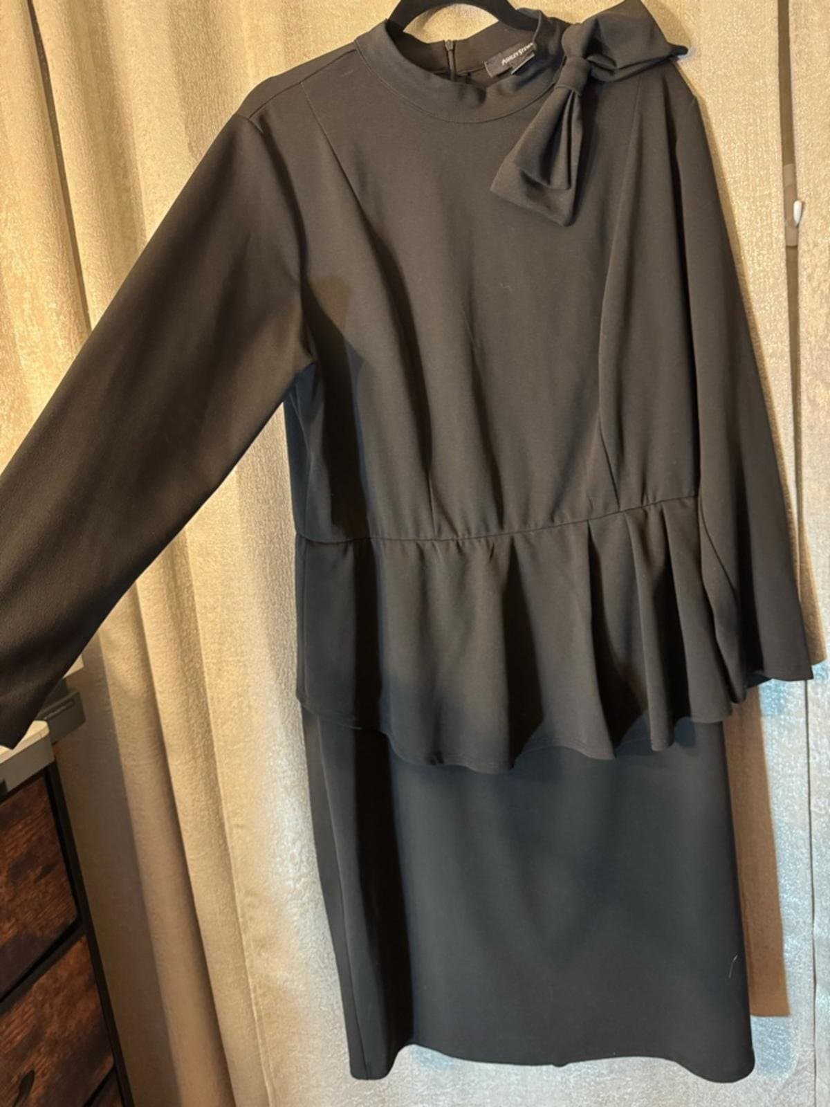 Ashley Stewart Black Peplum Midi Dress with Bow Neck - Thumbnail 3