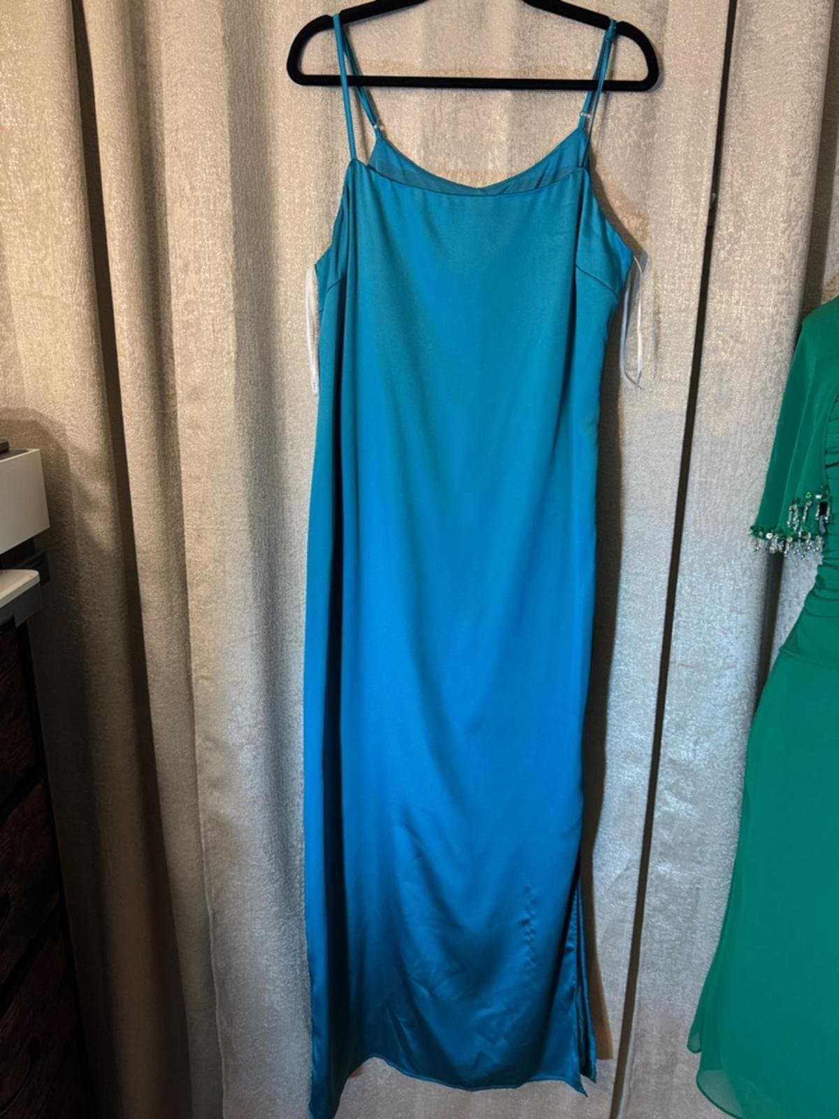 Lulu's Teal Satin Cowl Neck Slip Maxi Dress with Side Slit - Thumbnail 2