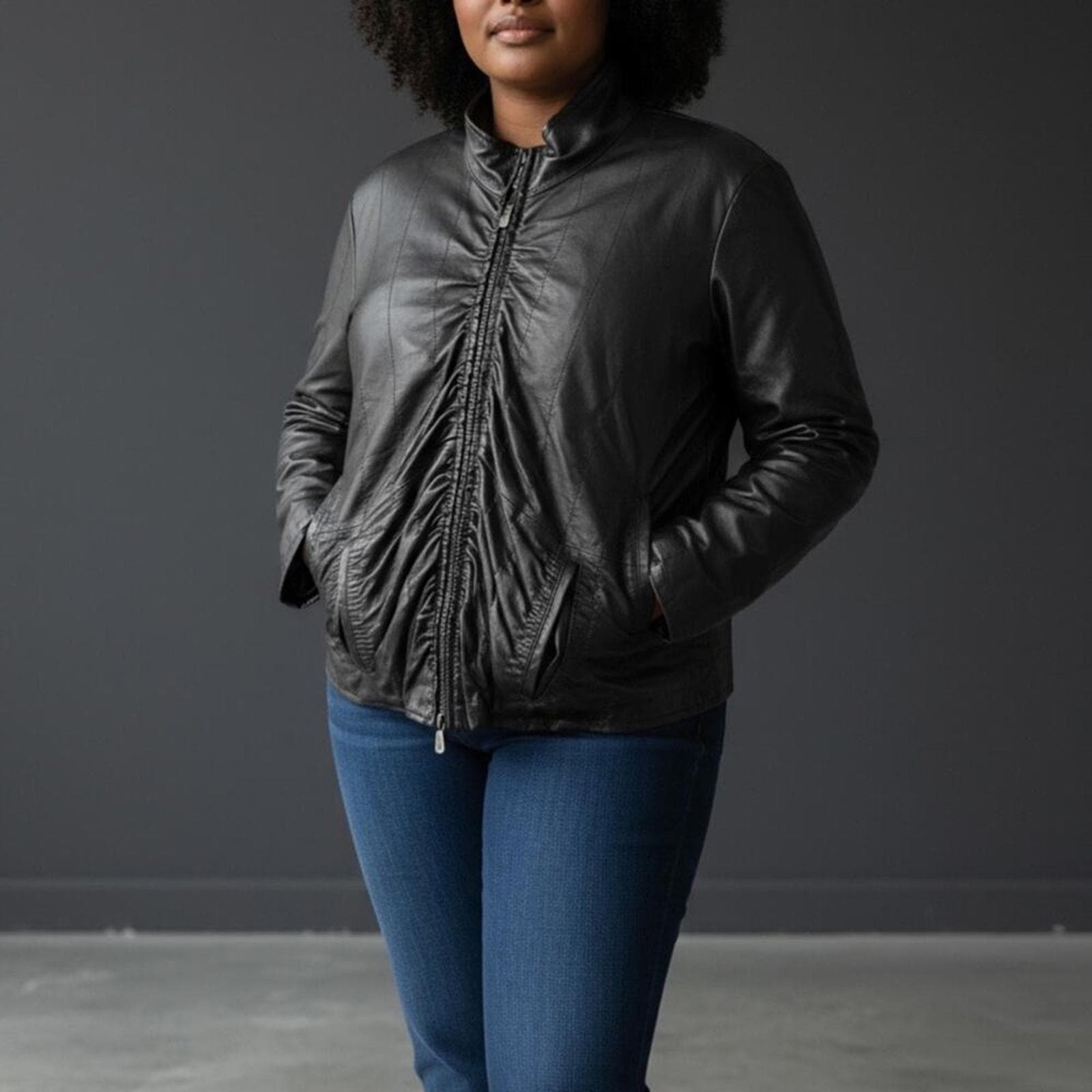 Elegant Black Ruched Bomber Jacket - Image 1