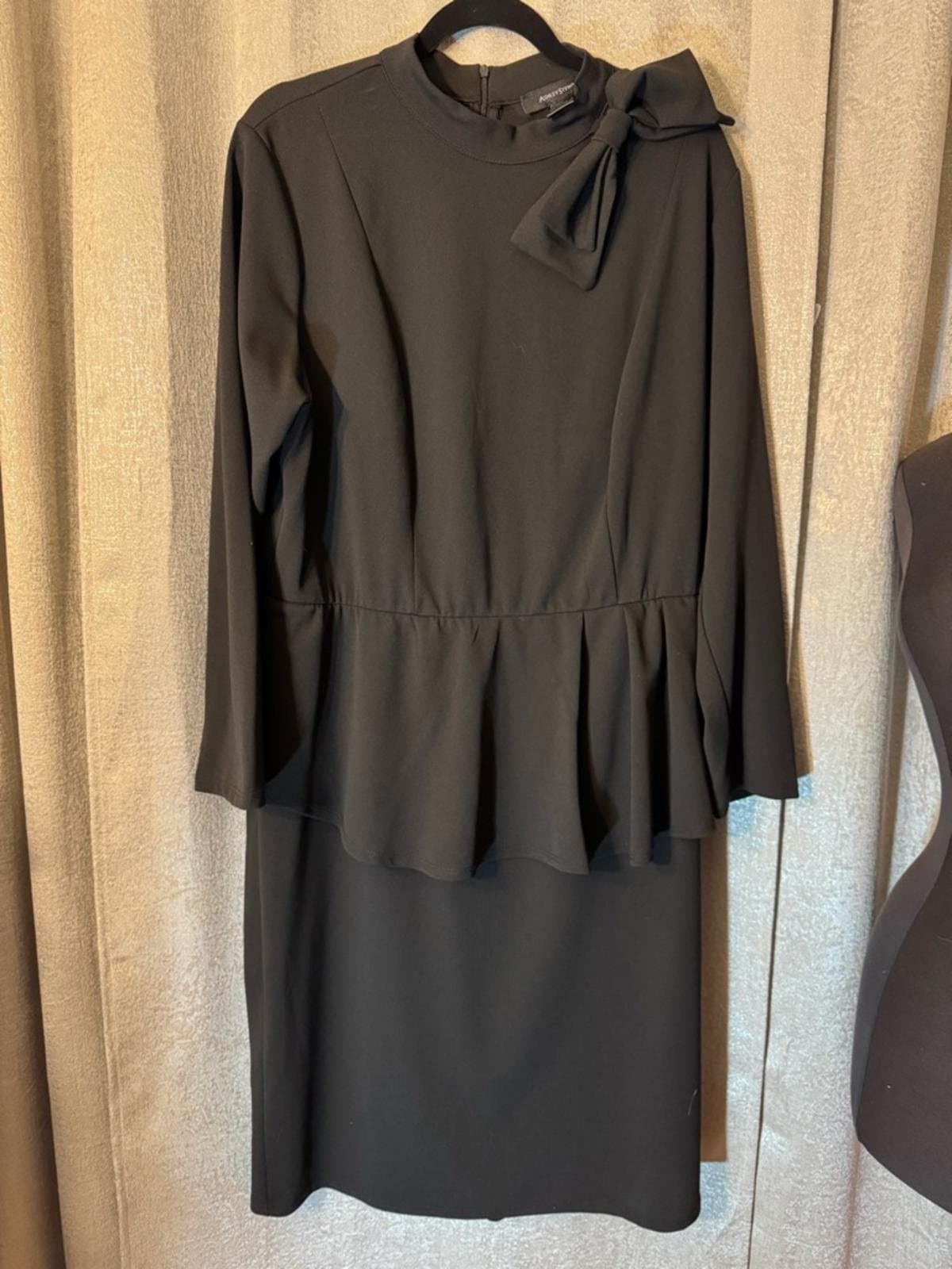 Ashley Stewart Black Peplum Midi Dress with Bow Neck - Thumbnail 2