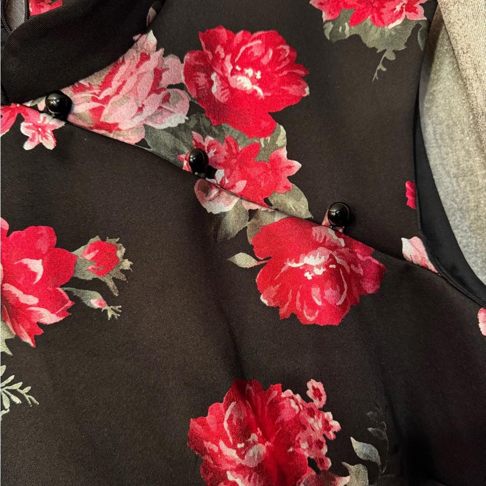 Ashley Stewart Black and Pink Floral Midi Dress - Thumbnail 4