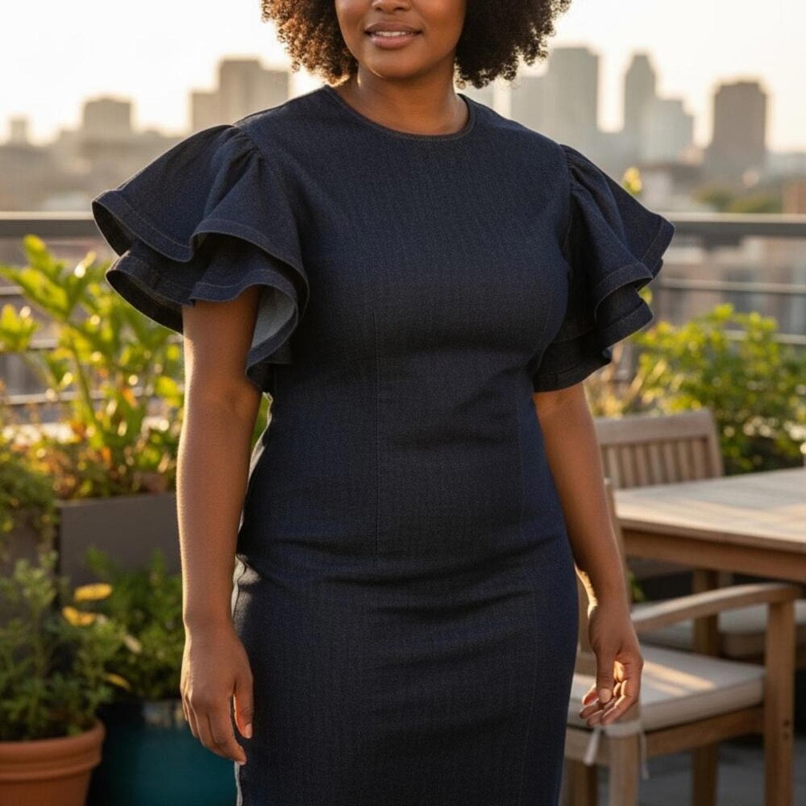 Chic Long Sleeve Stretch Denim Dress with Ruffle Details - Image 1