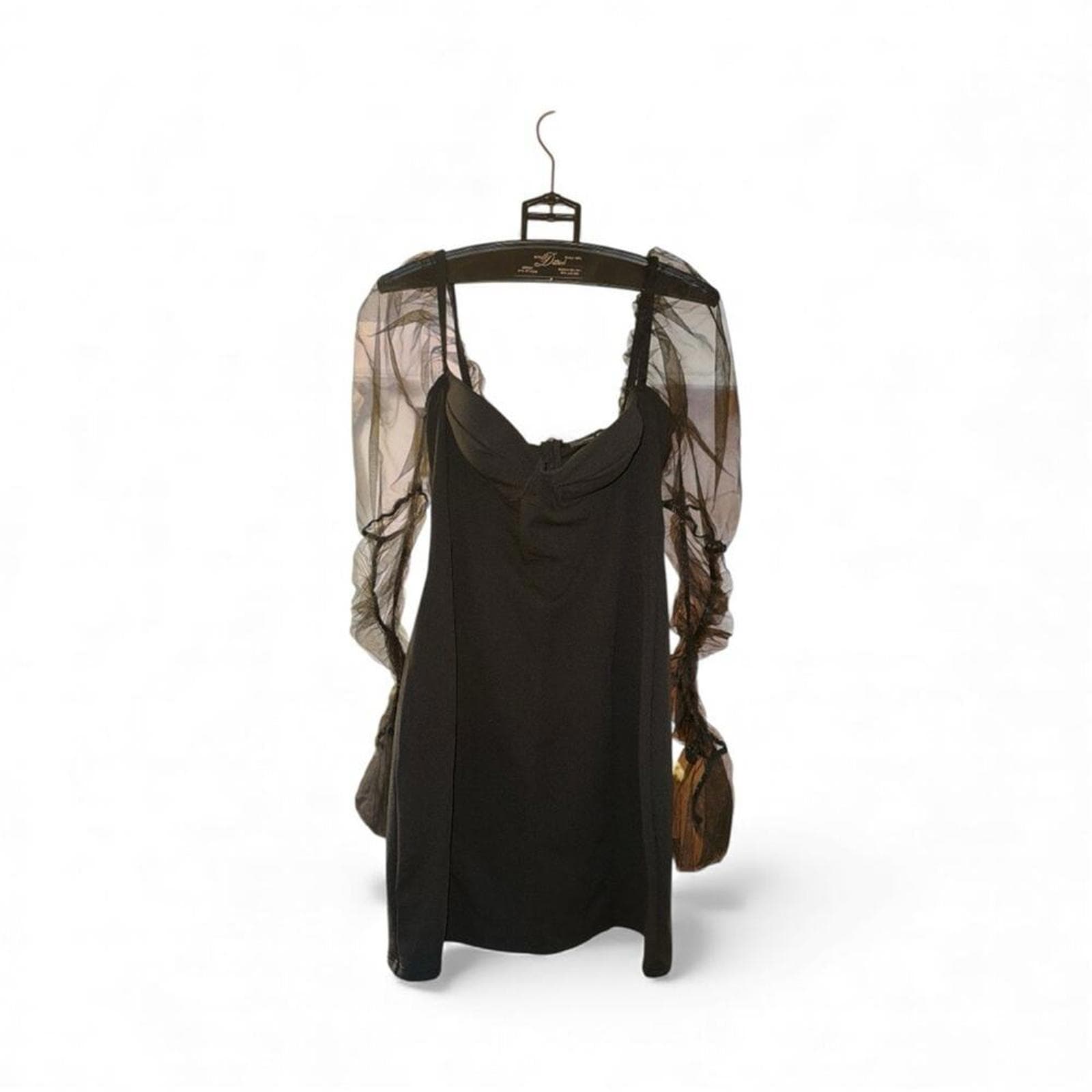 Elegant Black Mini Dress with Sheer Sleeves - Thumbnail 2