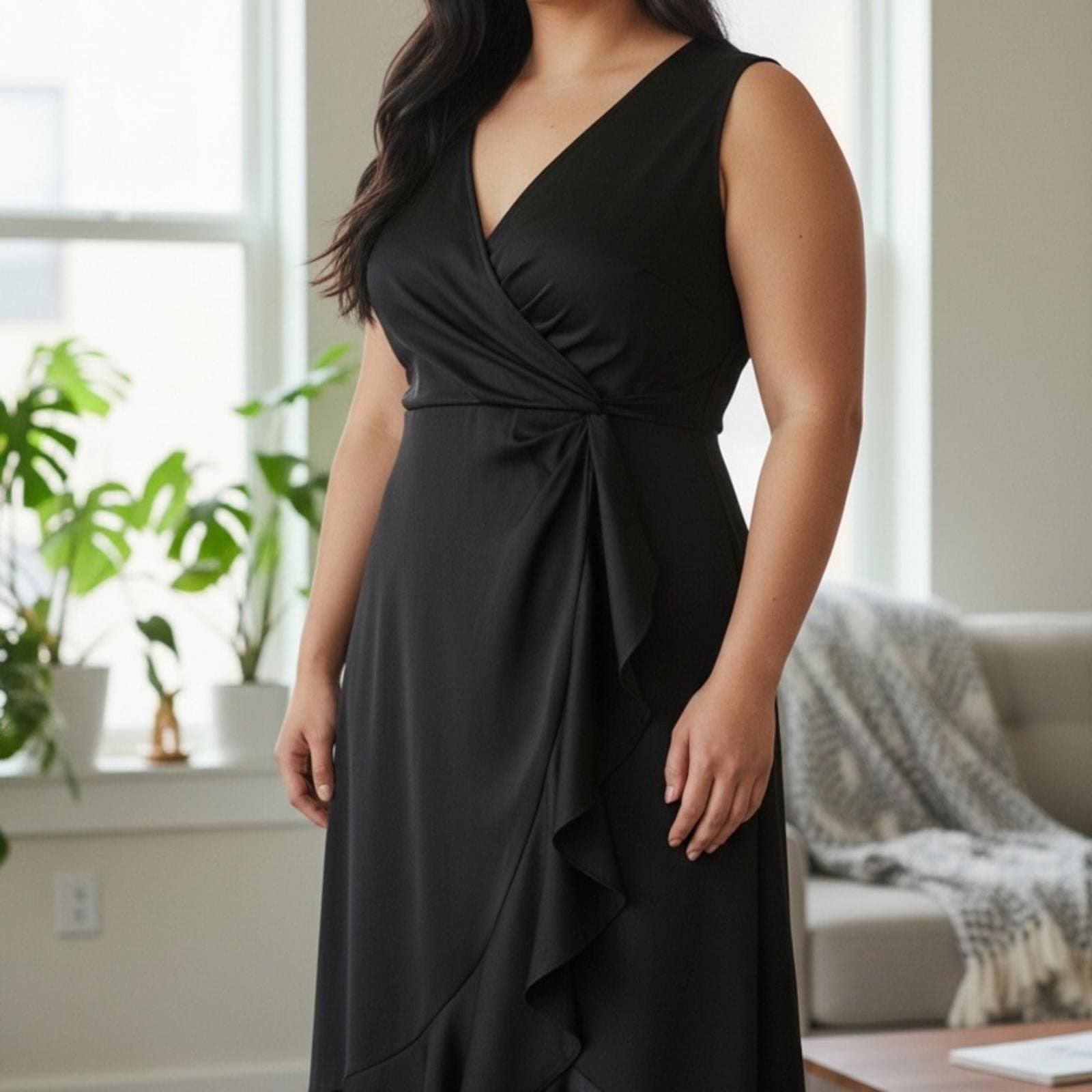 Elegant Black Wrap Midi Dress - Image 1