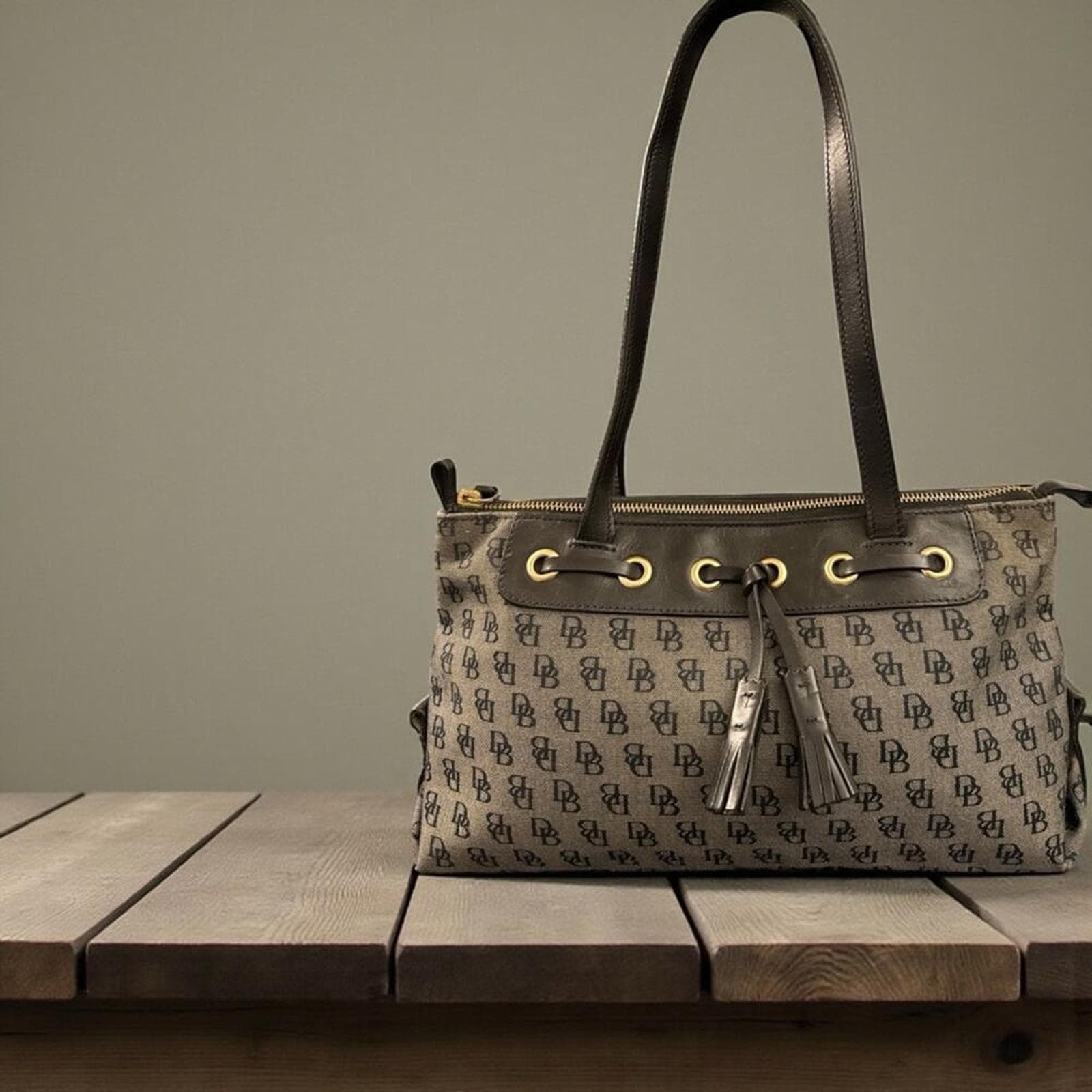 Dooney And Bourke | Vintage Grey Canvas Monogram Handbag Gold Hardware - Image 1