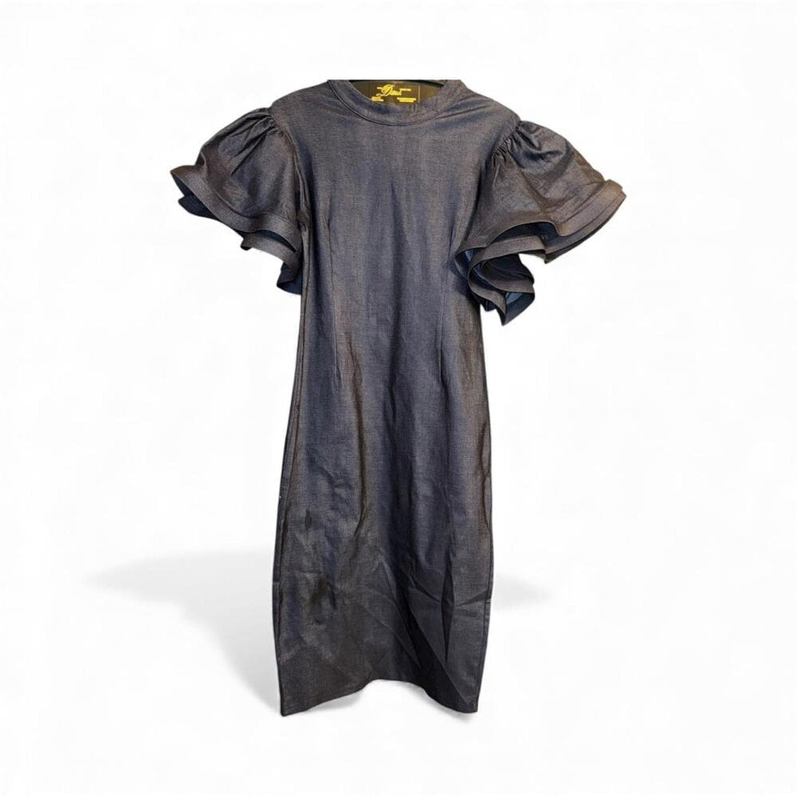 Chic Long Sleeve Stretch Denim Dress with Ruffle Details - Thumbnail 2