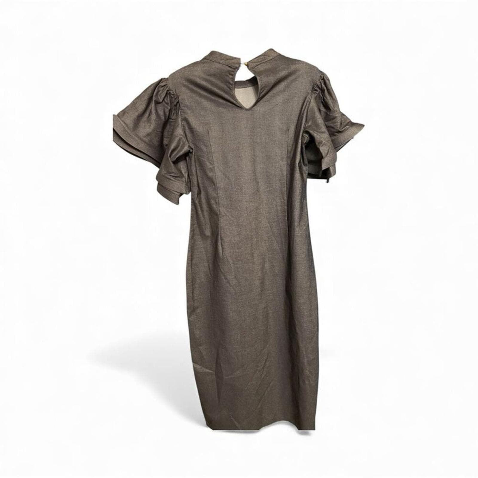 Chic Long Sleeve Stretch Denim Dress with Ruffle Details - Thumbnail 3