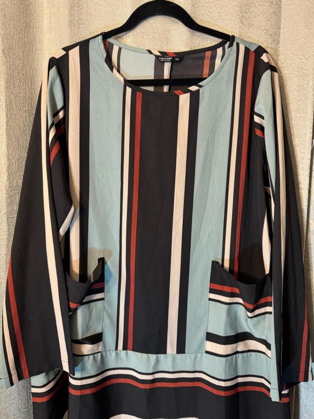Striped Long-Sleeve Maxi Dress in Teal, Black and Rust - Thumbnail 3