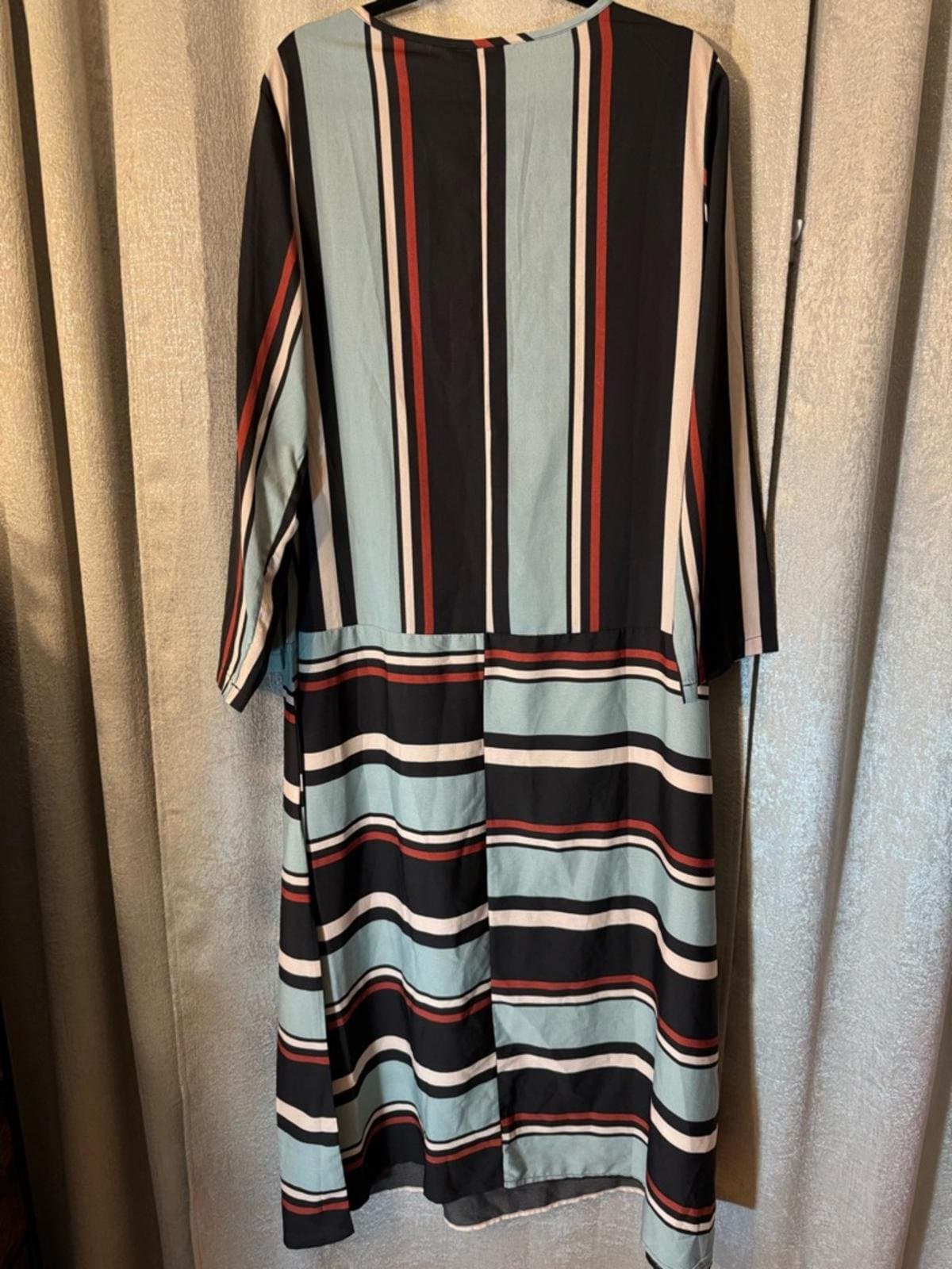 Striped Long-Sleeve Maxi Dress in Teal, Black and Rust - Thumbnail 5