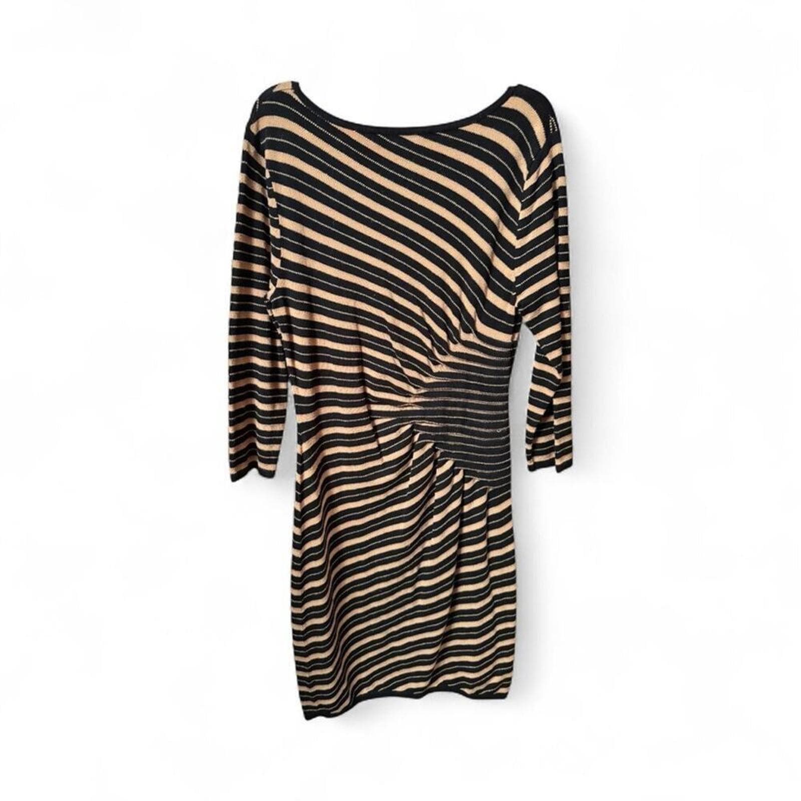 Spense Black and Tan Striped Long Sleeve Dress - Thumbnail 3