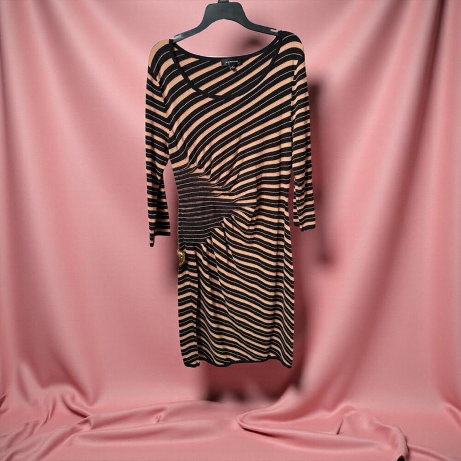 Spense Black and Tan Striped Long Sleeve Dress - Thumbnail 2