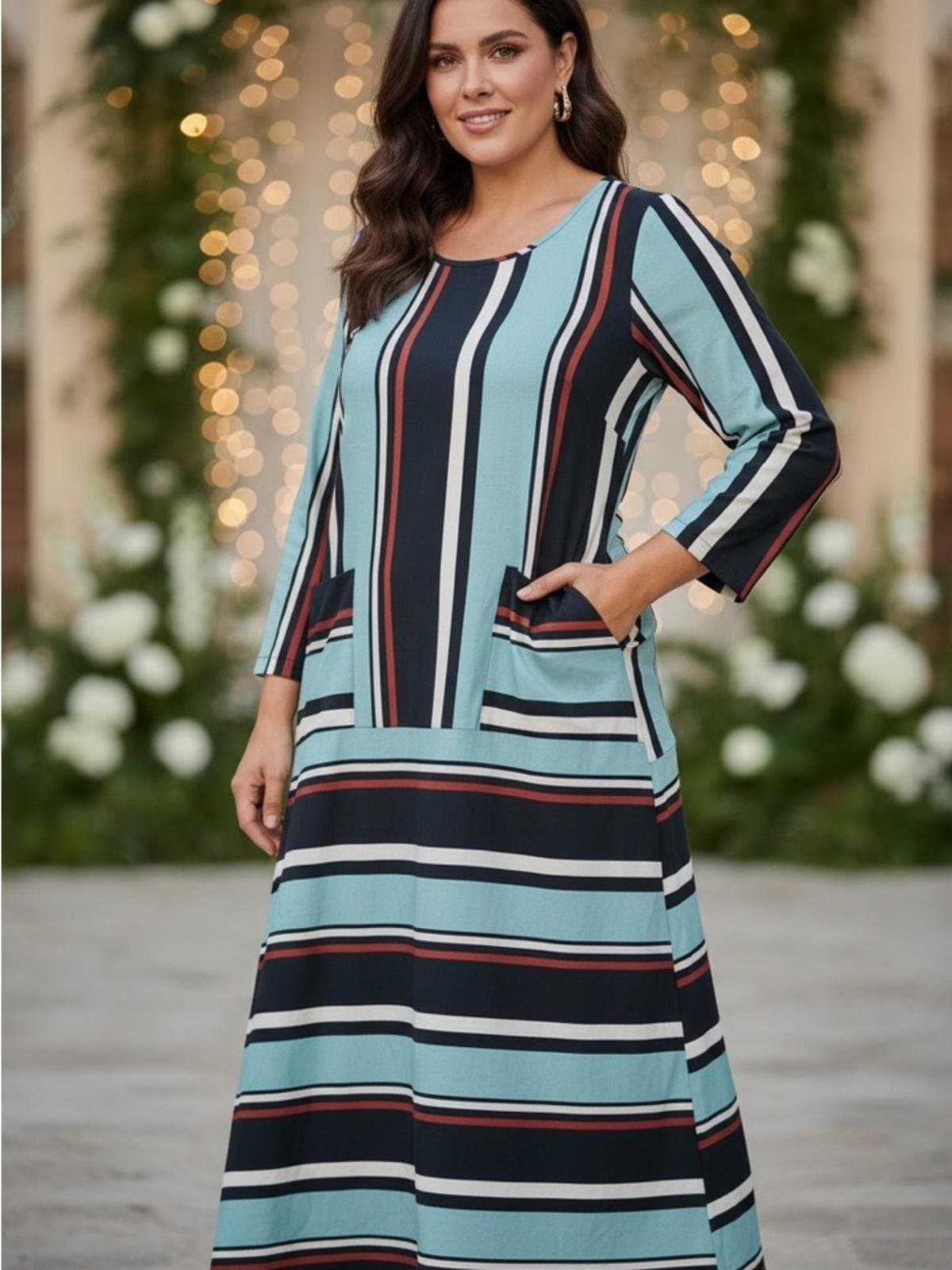 Striped Long-Sleeve Maxi Dress in Teal, Black and Rust - Image 1