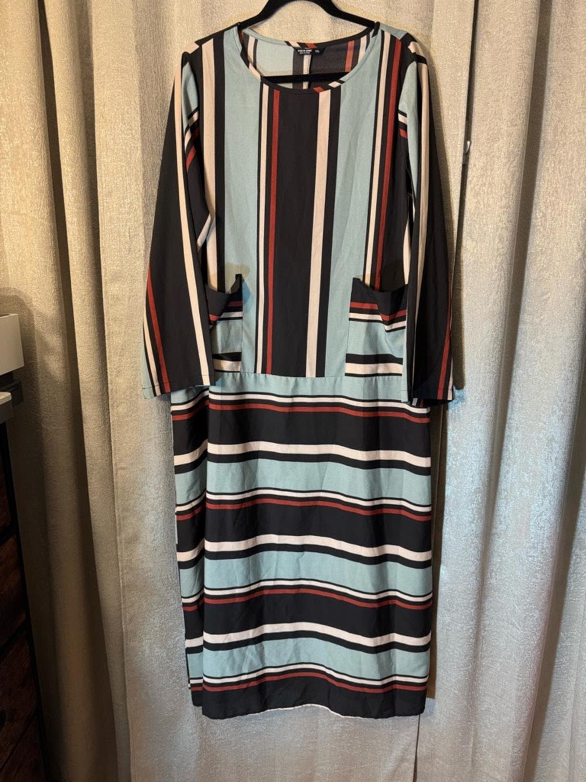 Striped Long-Sleeve Maxi Dress in Teal, Black and Rust - Thumbnail 2