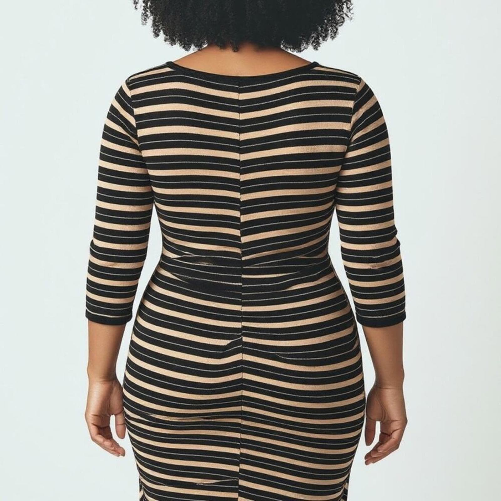 Spense Black and Tan Striped Long Sleeve Dress - Thumbnail 4