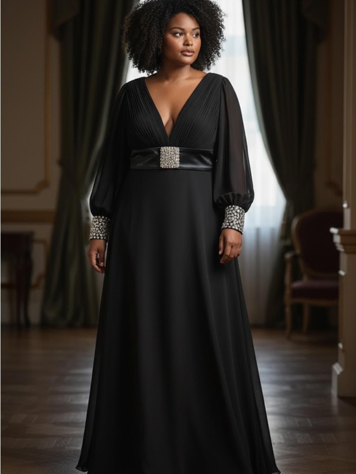 Elegant Black Evening Gown with Embellished Waist and Cuffs - Image 1