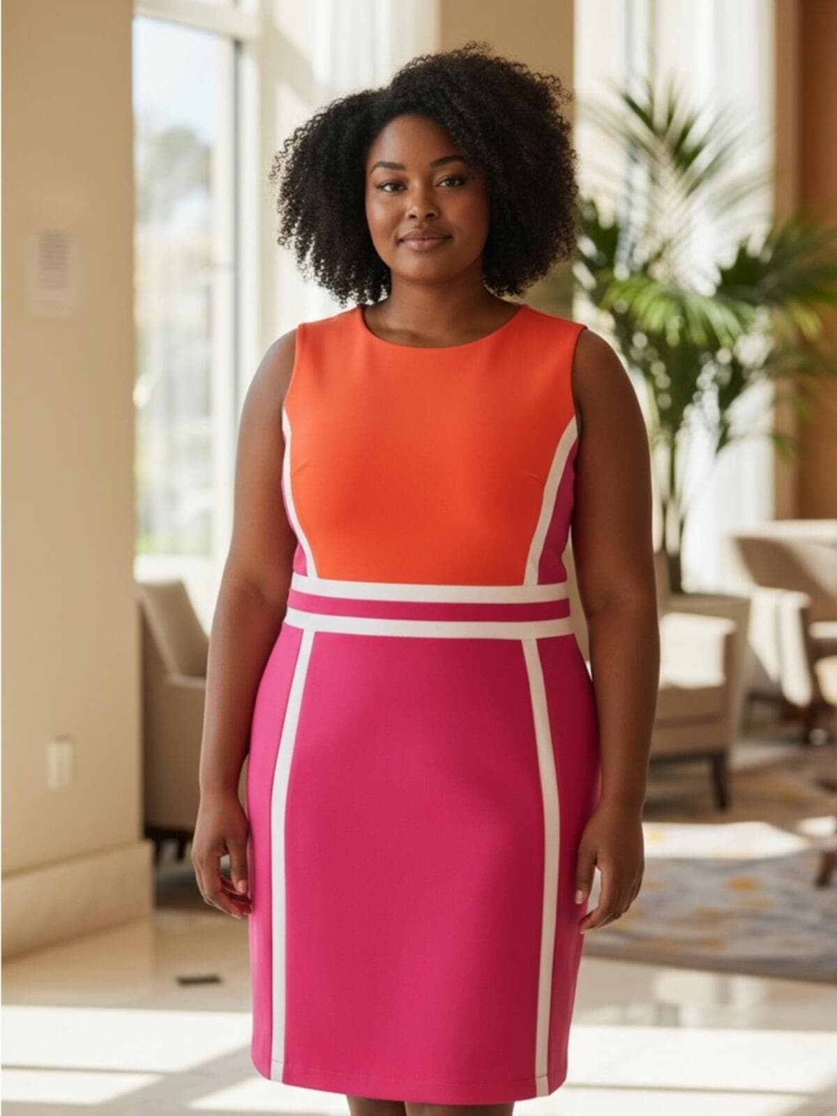 Calvin Klein Bright Orange Sheath Dress with White Trim - Image 1