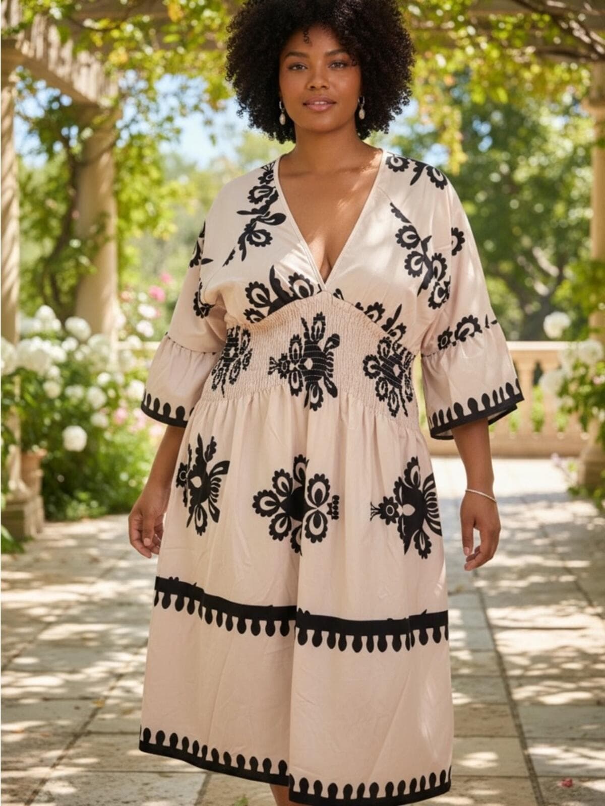 Plus Size Cream Midi Dress with Black Embroidery - Image 1