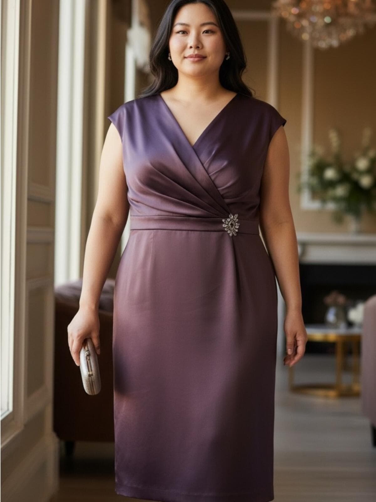 dressbarn Plum Satin Wrap-Front Midi Dress - Image 1