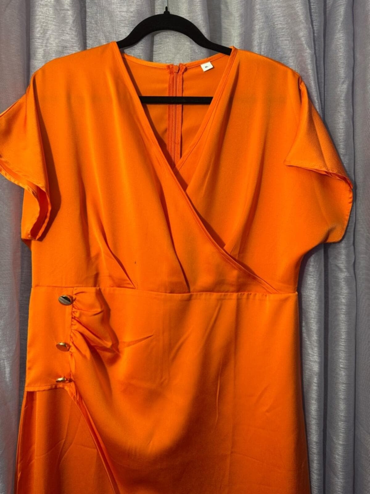 Elegant Orange Wrap Midi Dress with Side Button Trim - Thumbnail 3