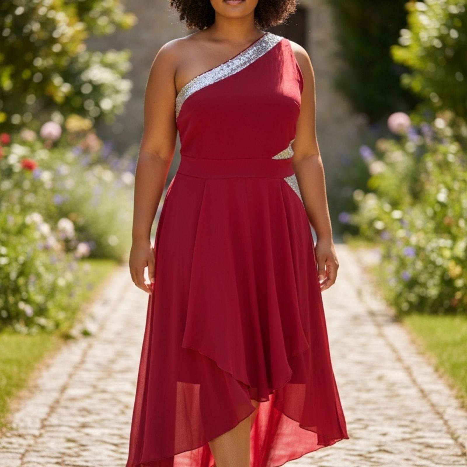 Chic One-Shoulder Burgundy Dress with Silver Detail - Image 1