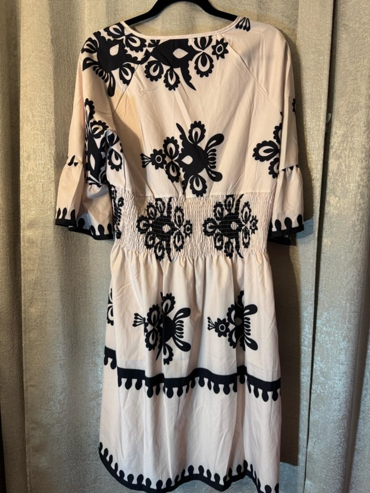 Plus Size Cream Midi Dress with Black Embroidery - Thumbnail 6