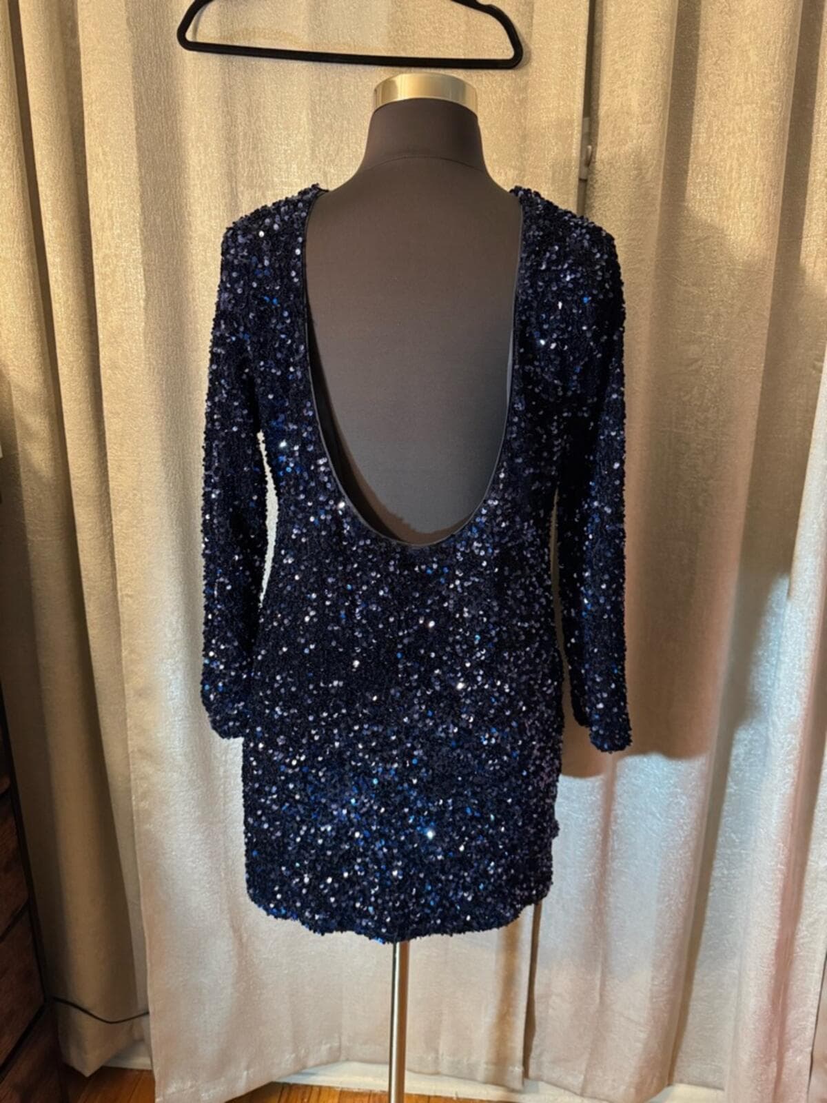 H&M Navy Blue Sequin Long-Sleeve Dress - Thumbnail 4