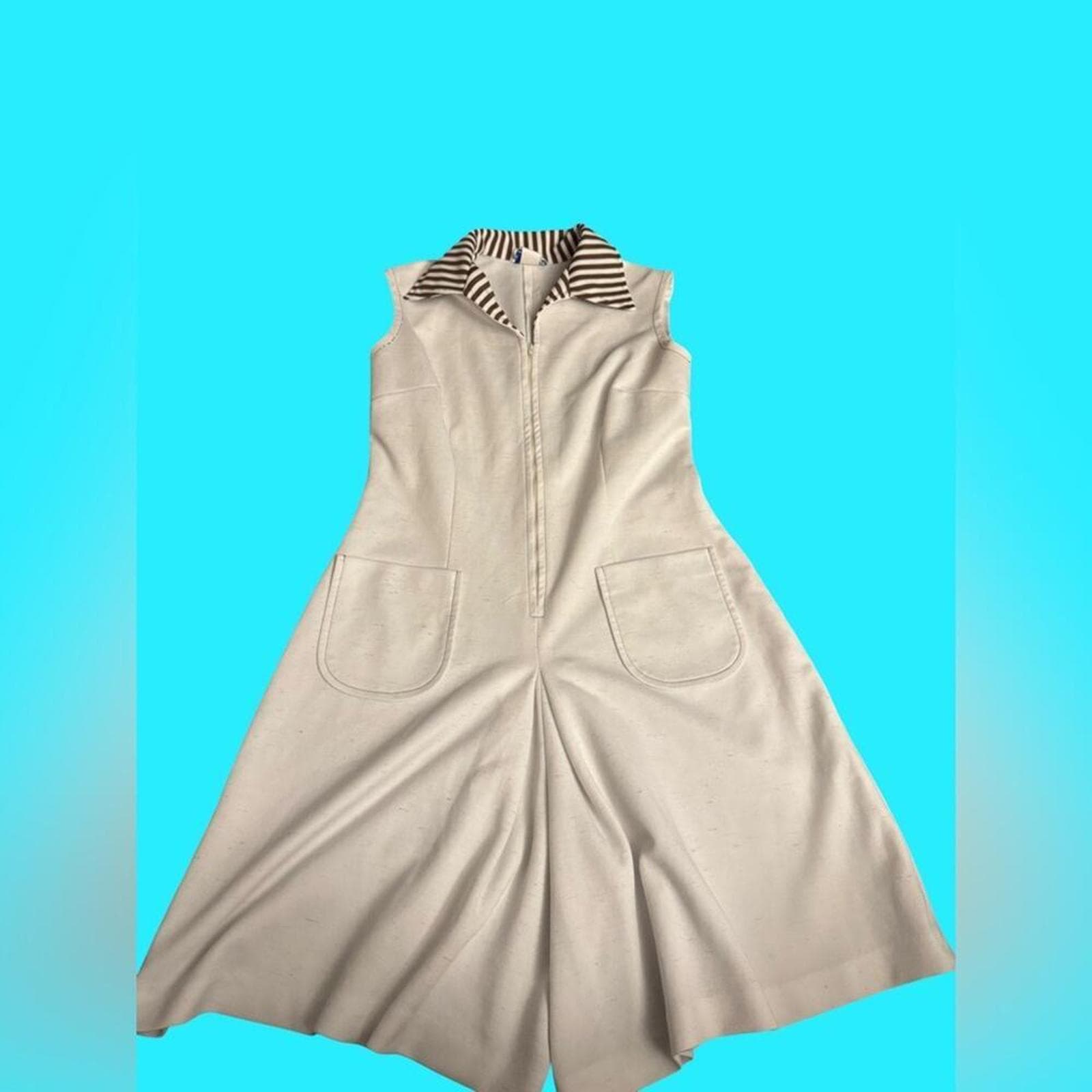 Vintage Cream Sleeveless Jumpsuit with Striped Collar - Thumbnail 2