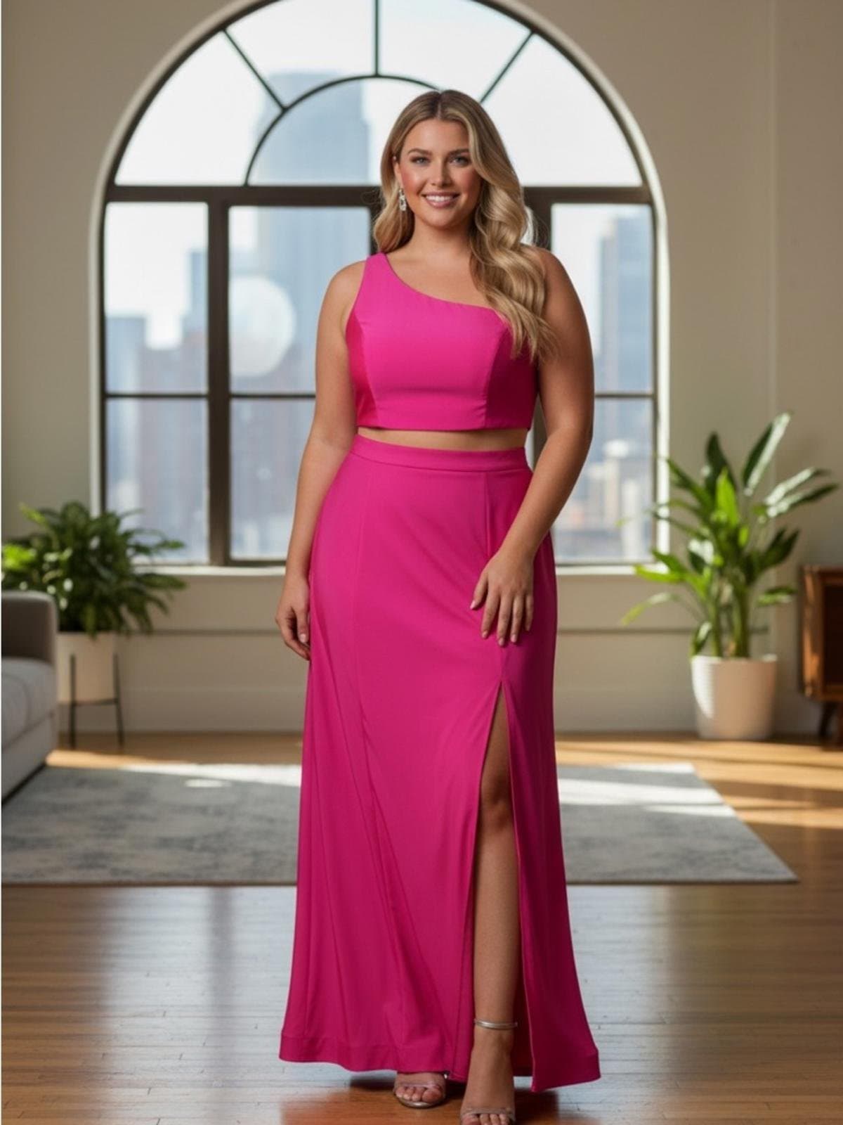 One-Shoulder Bright Pink Maxi Skirt with Side Slit - Image 1