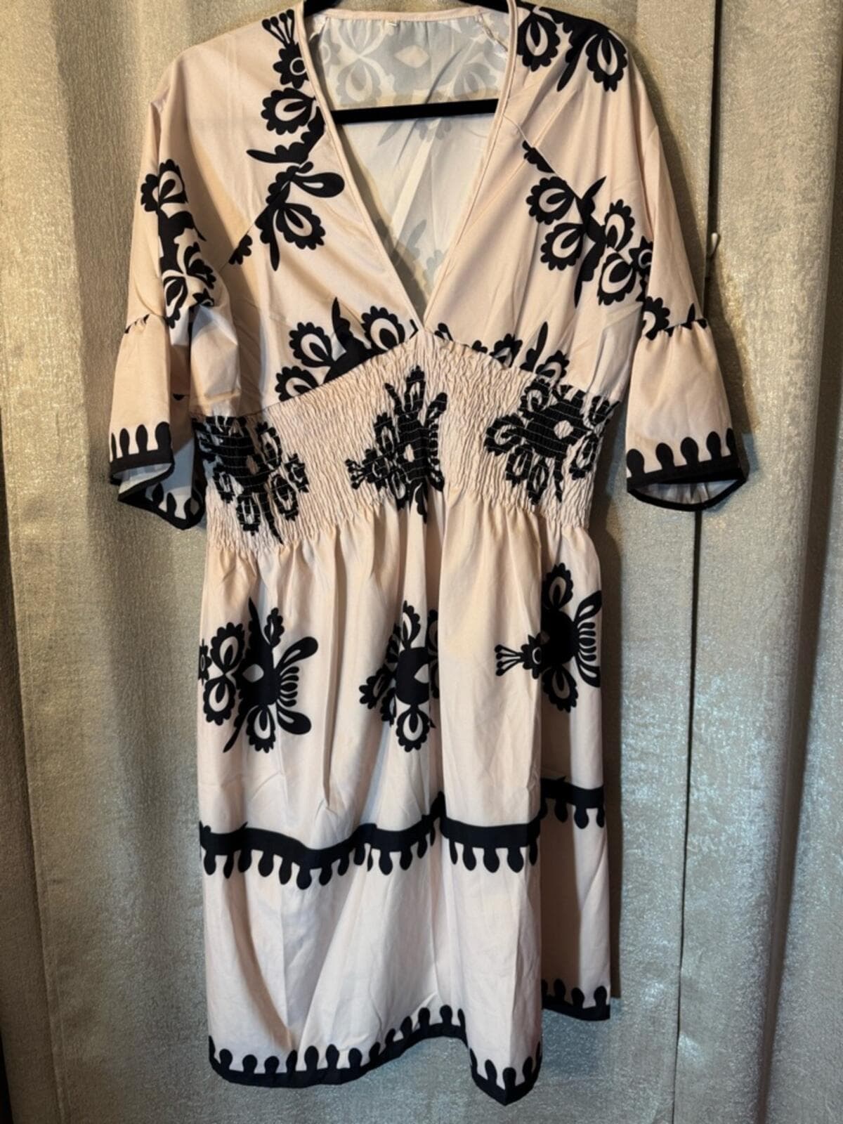 Plus Size Cream Midi Dress with Black Embroidery - Thumbnail 2